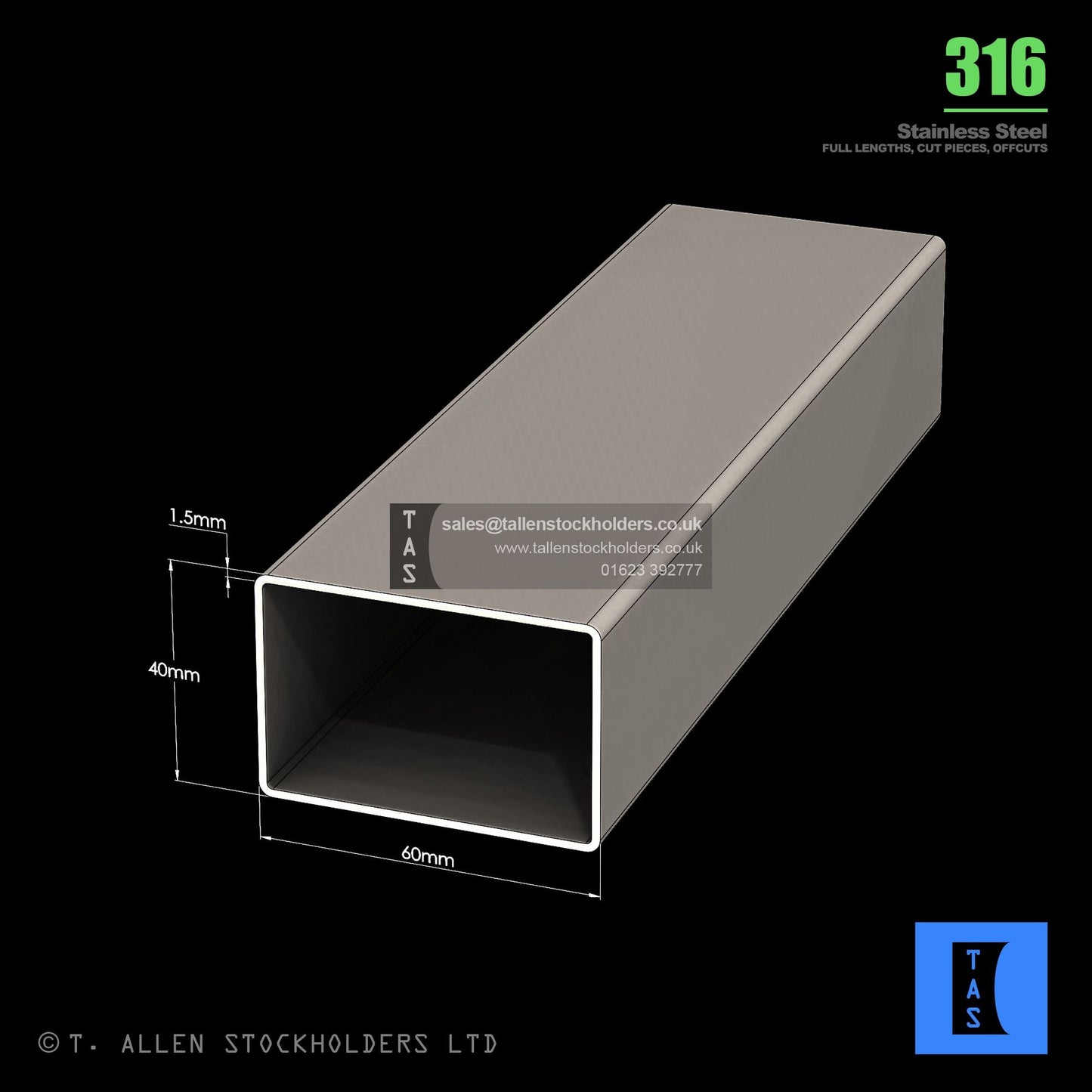 BUY 60 X 40 X 1.5 RECTANGULAR BOX SECTION, GRADE 316 STAINLESS STEEL