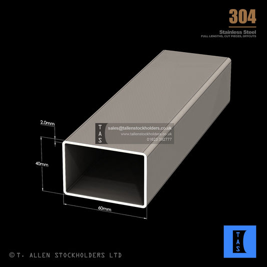 60 X 40 X 2 RECTANGULAR BOX SECTION, RHS, 304 STAINLESS STEEL