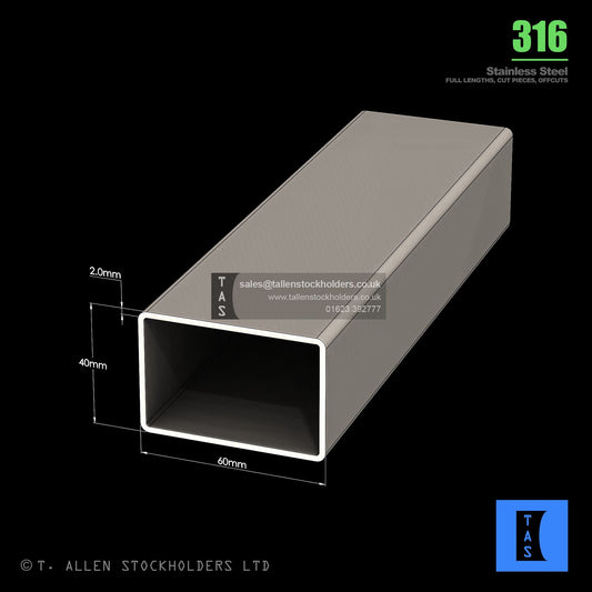 BUY 60 X 40 X 2 RECTANGULAR BOX SECTION, GRADE 316 STAINLESS STEEL