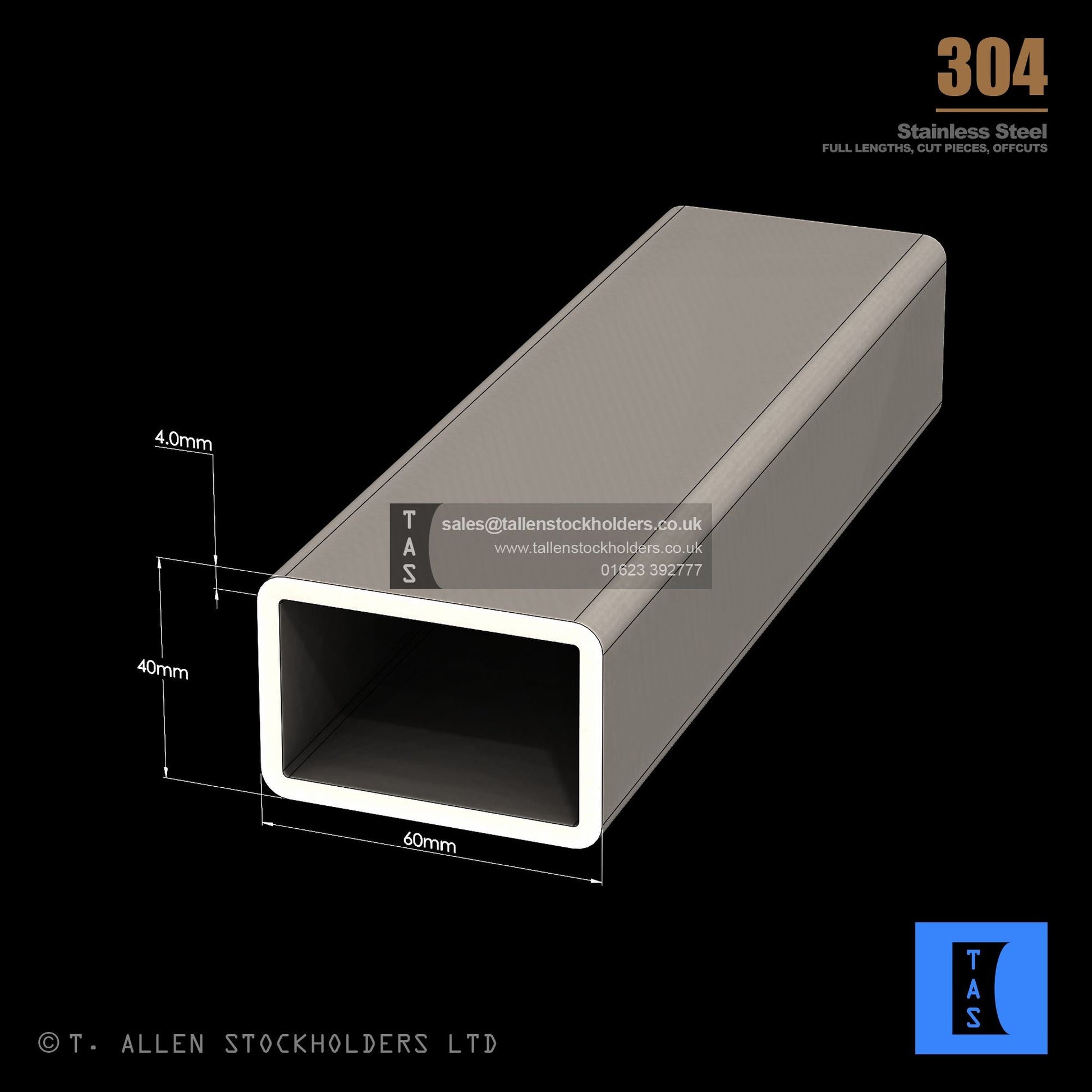 60 X 40 X 4 RECTANGULAR BOX SECTION, RHS, 304 STAINLESS STEEL