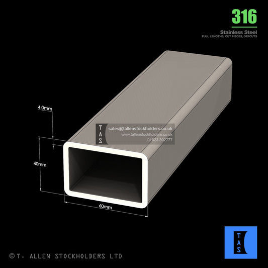 BUY 60 X 40 X 4 RECTANGULAR BOX SECTION, GRADE 316 STAINLESS STEEL