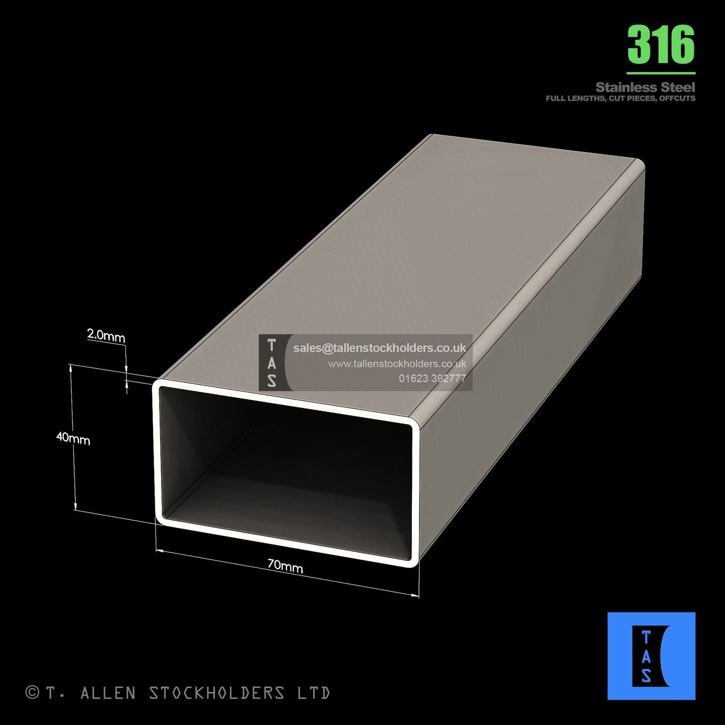 BUY 70 X 40 X 2 RECTANGULAR BOX SECTION, GRADE 316 STAINLESS STEEL