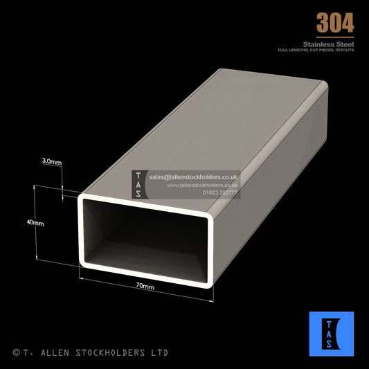 70 X 40 X 3 RECTANGULAR BOX SECTION, RHS, 304 STAINLESS STEEL