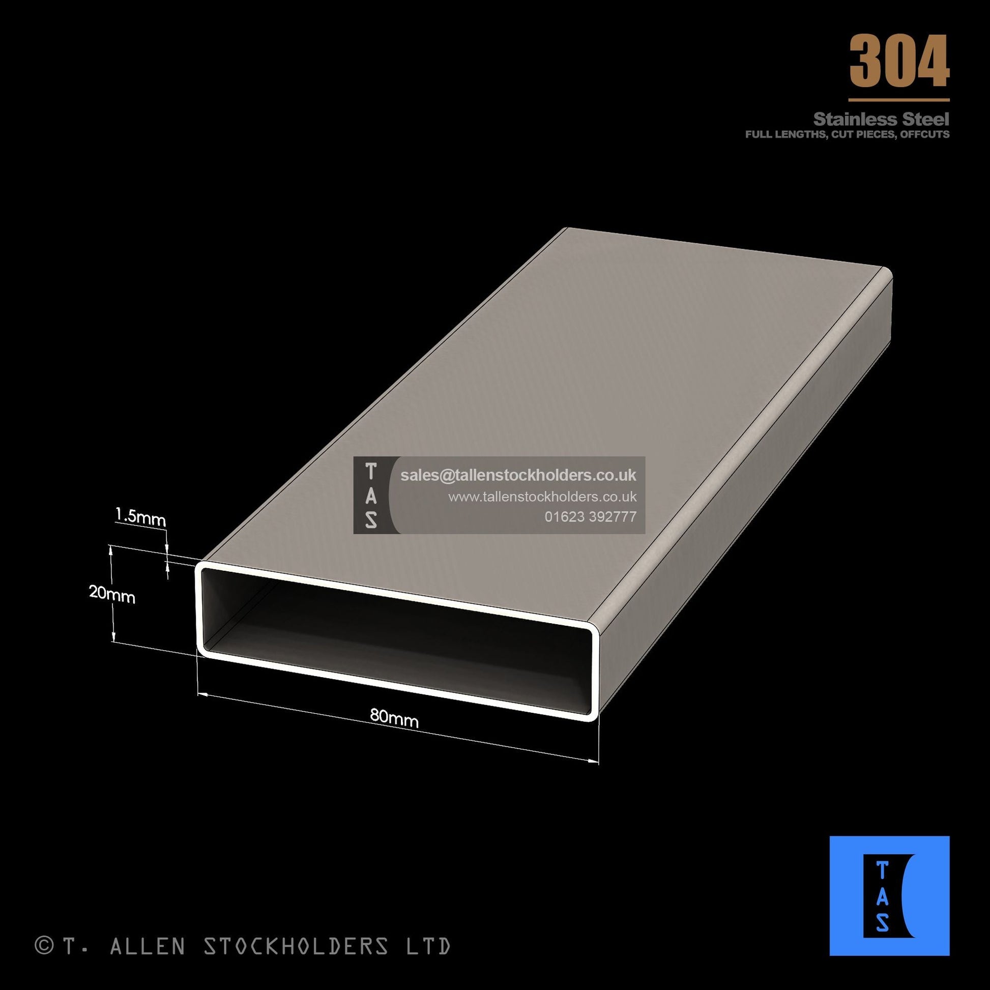 80 X 20 X 1.5 RECTANGULAR BOX SECTION, RHS, 304 STAINLESS STEEL