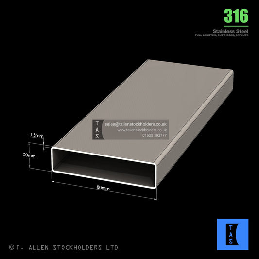 BUY 80 X 20 X 1.5 RECTANGULAR BOX SECTION, GRADE 316 STAINLESS STEEL