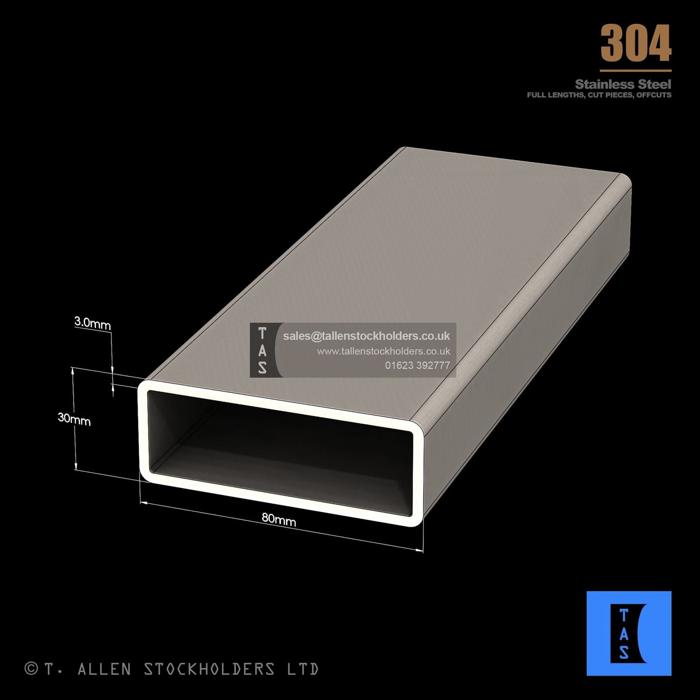80 X 30 X 3 RECTANGULAR BOX SECTION, RHS, 304 STAINLESS STEEL
