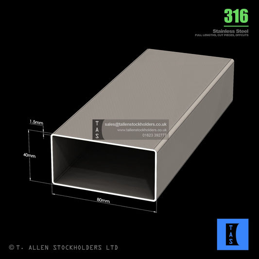 BUY 80 X 40 X 1.5 RECTANGULAR BOX SECTION, GRADE 316 STAINLESS STEEL