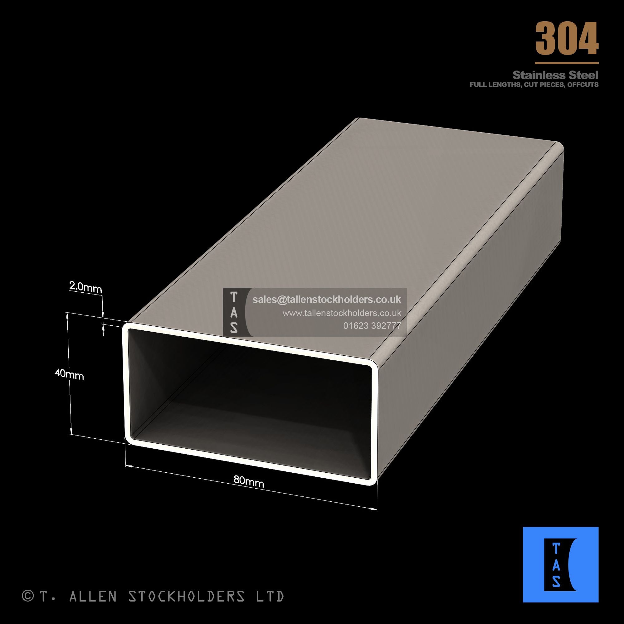 80 X 40 X 2 RECTANGULAR BOX SECTION, RHS, 304 STAINLESS STEEL – T ...