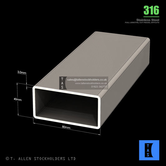 BUY 80 X 40 X 3 RECTANGULAR BOX SECTION, GRADE 316 STAINLESS STEEL