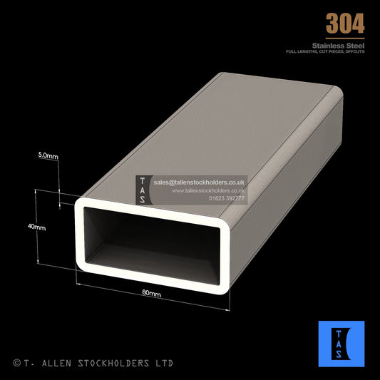 80 X 40 X 5 RECTANGULAR BOX SECTION, RHS, 304 STAINLESS STEEL