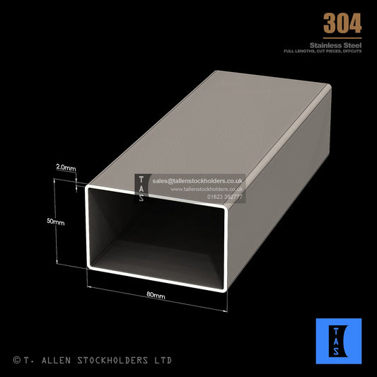 80 X 50 X 2 RECTANGULAR BOX SECTION, RHS, 304 STAINLESS STEEL