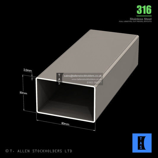 BUY 80 X 50 X 2 RECTANGULAR BOX SECTION, GRADE 316 STAINLESS STEEL