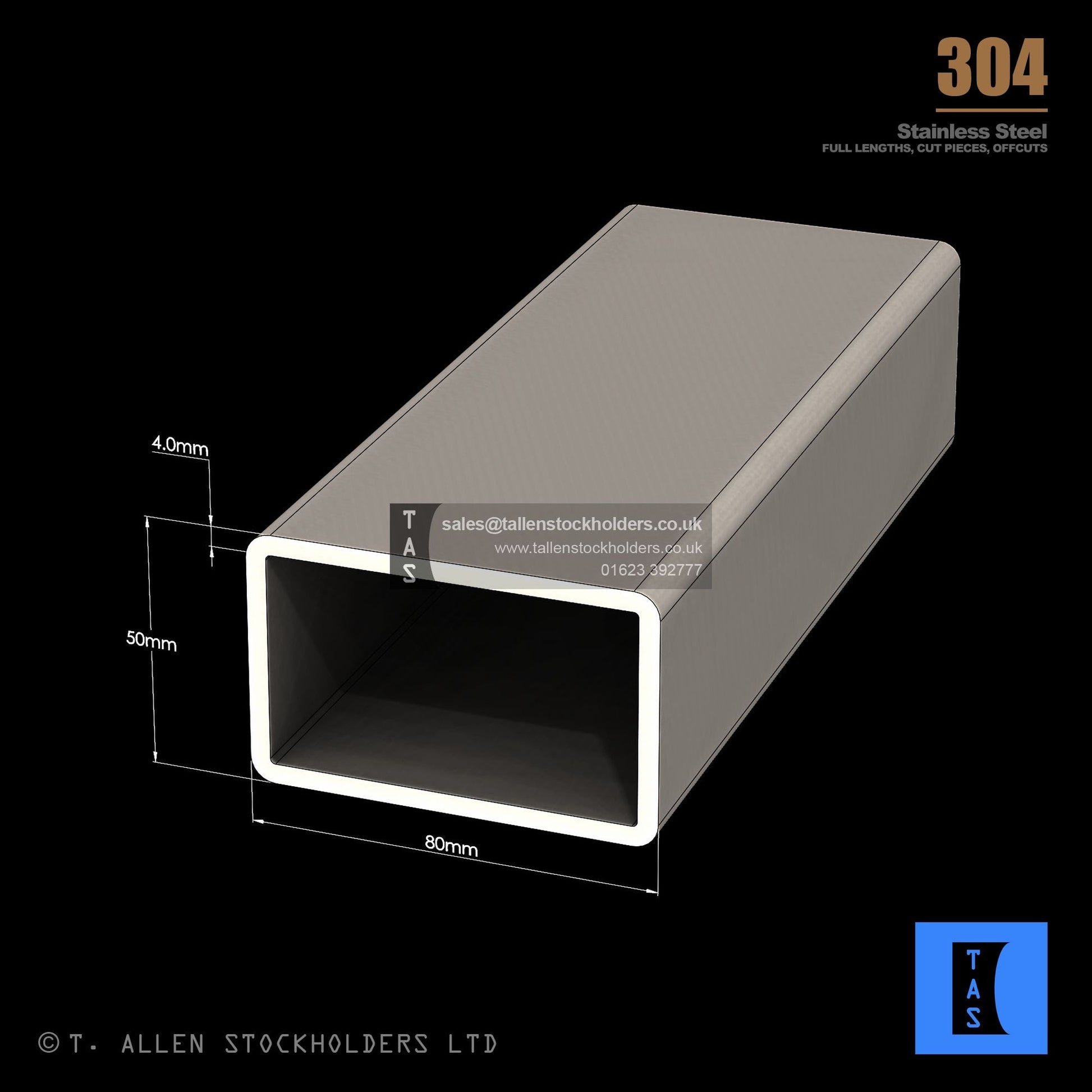 80 X 50 X 4 RECTANGULAR BOX SECTION, RHS, 304 STAINLESS STEEL