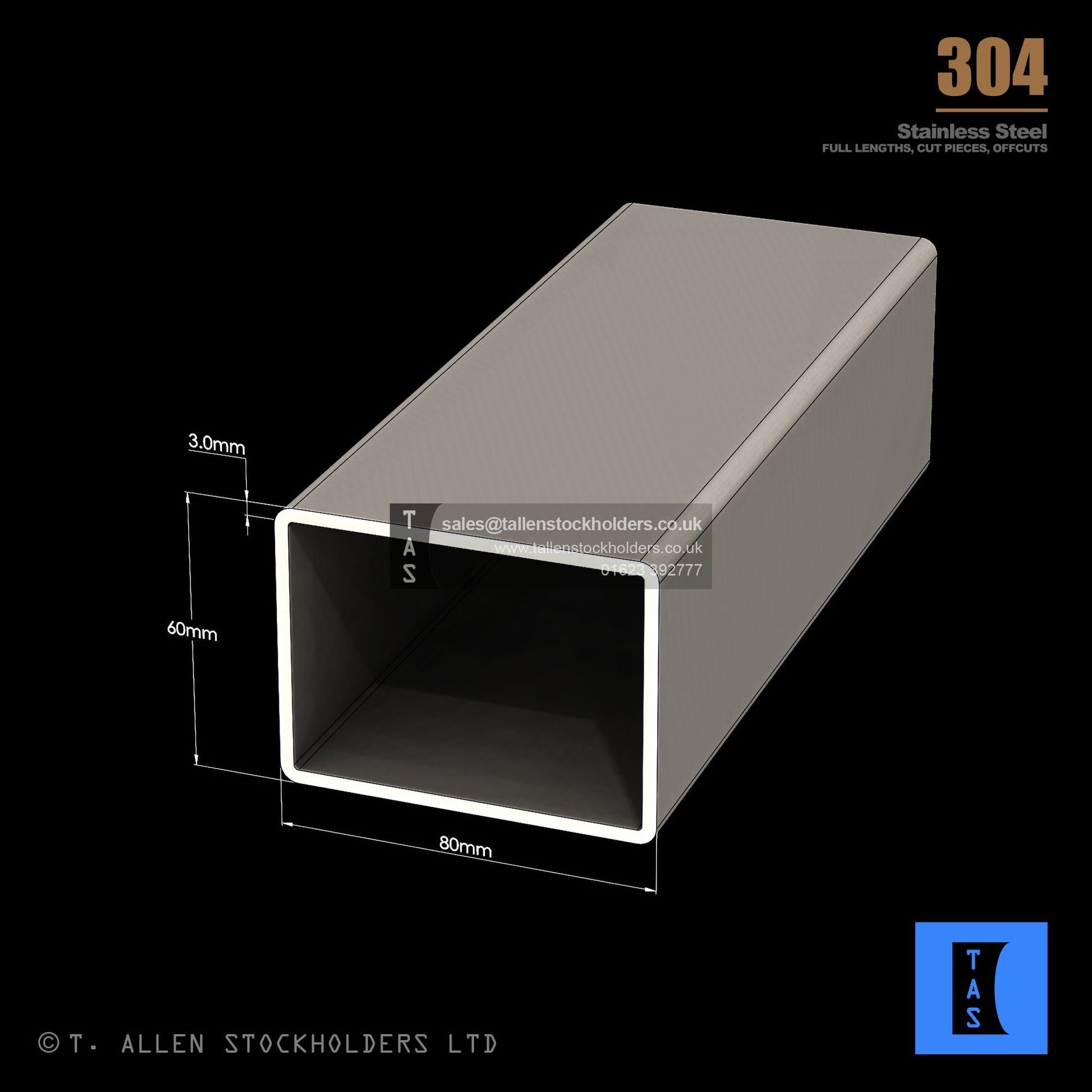 80 X 60 X 3 RECTANGULAR BOX SECTION, RHS, 304 STAINLESS STEEL