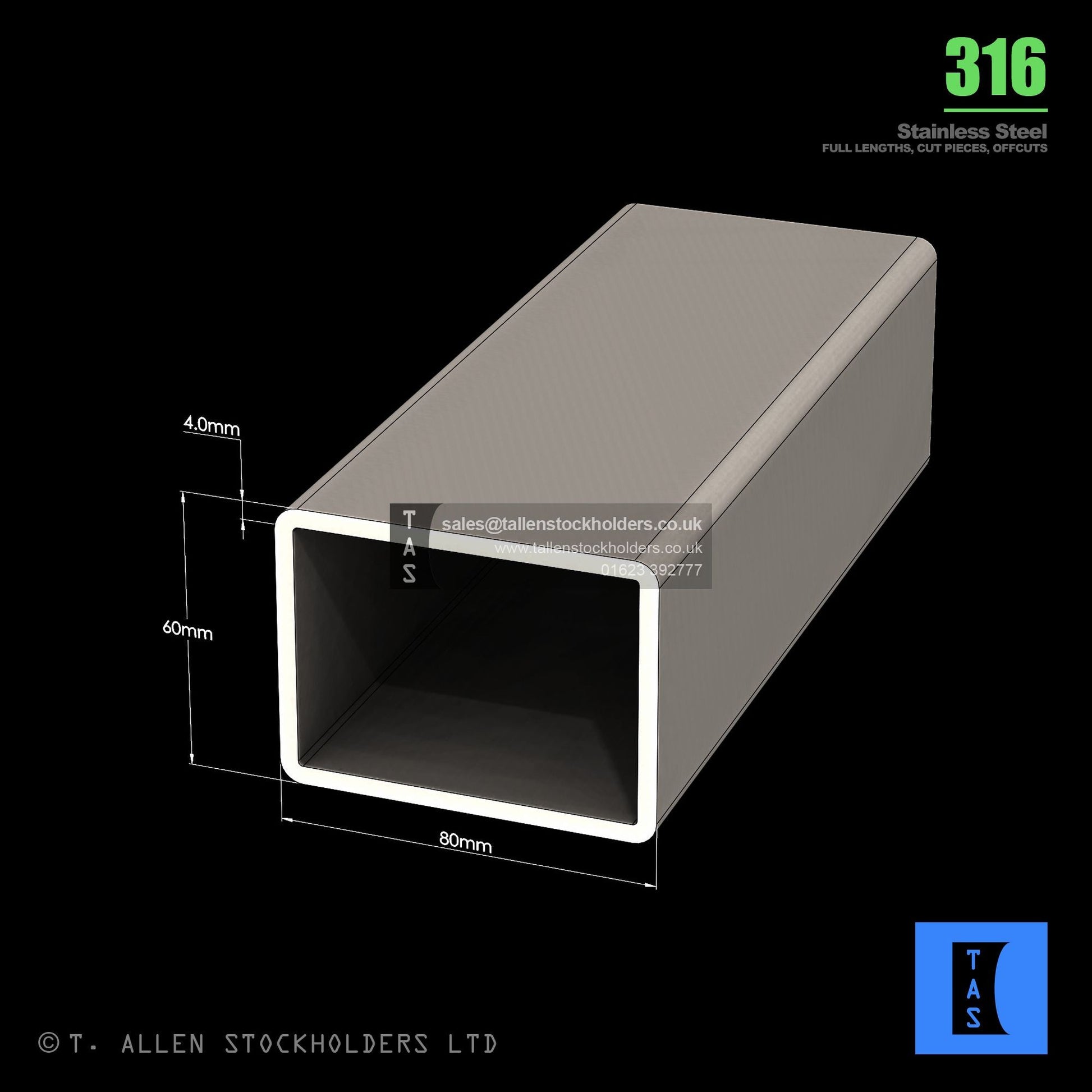 BUY 80 X 60 X 4 RECTANGULAR BOX SECTION, GRADE 316 STAINLESS STEEL