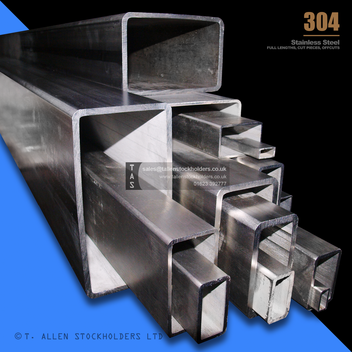 RHS Rectangular Box Section, 304 Stainless Steel, 20mm x 10mm x 1mm, Dull Polished