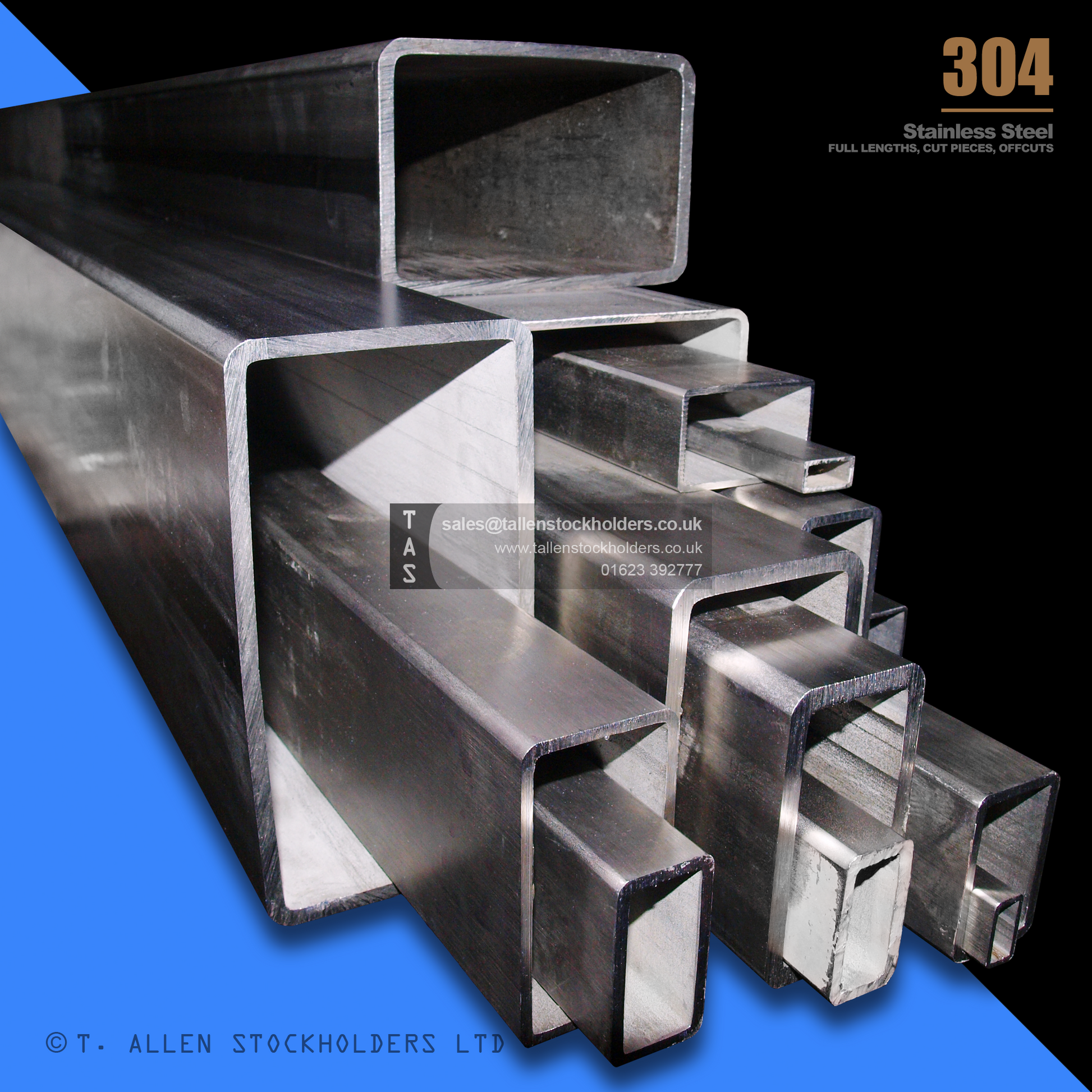 RHS Rectangular Box Section, 304 Stainless Steel, 20mm x 10mm x 1mm, Dull Polished
