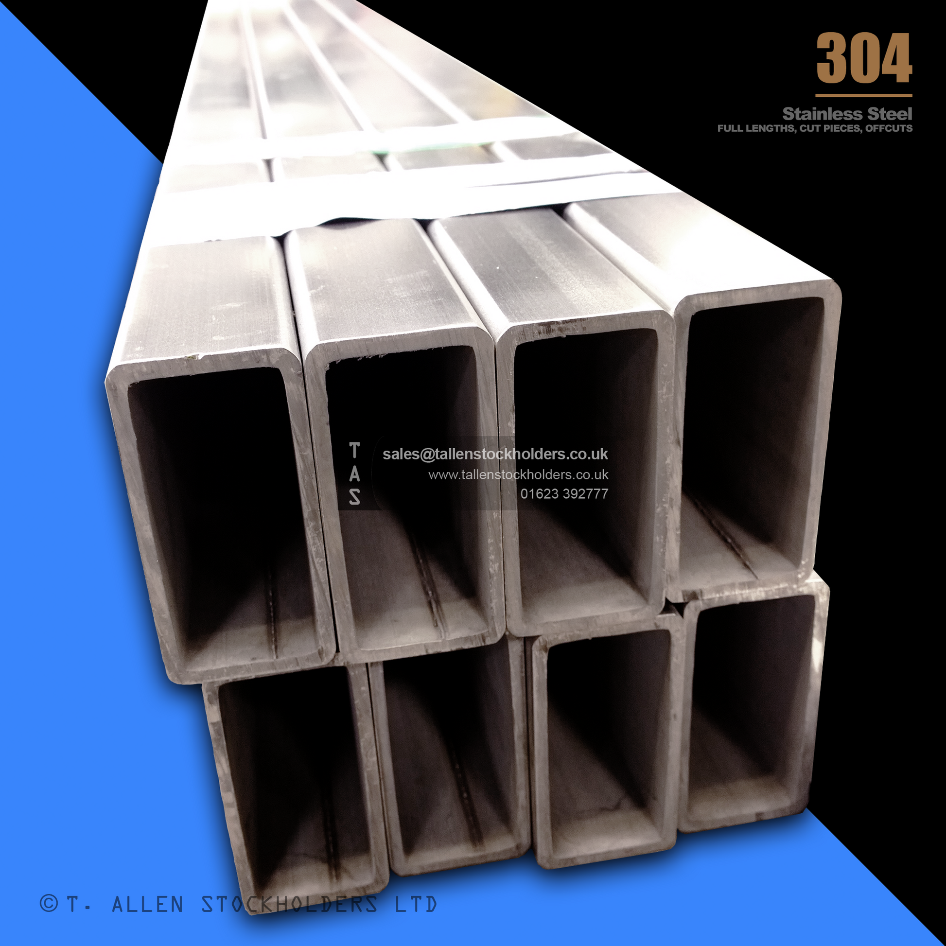 RHS Rectangular Box Section, 304 Stainless Steel, 20mm x 10mm x 1mm, Dull Polished